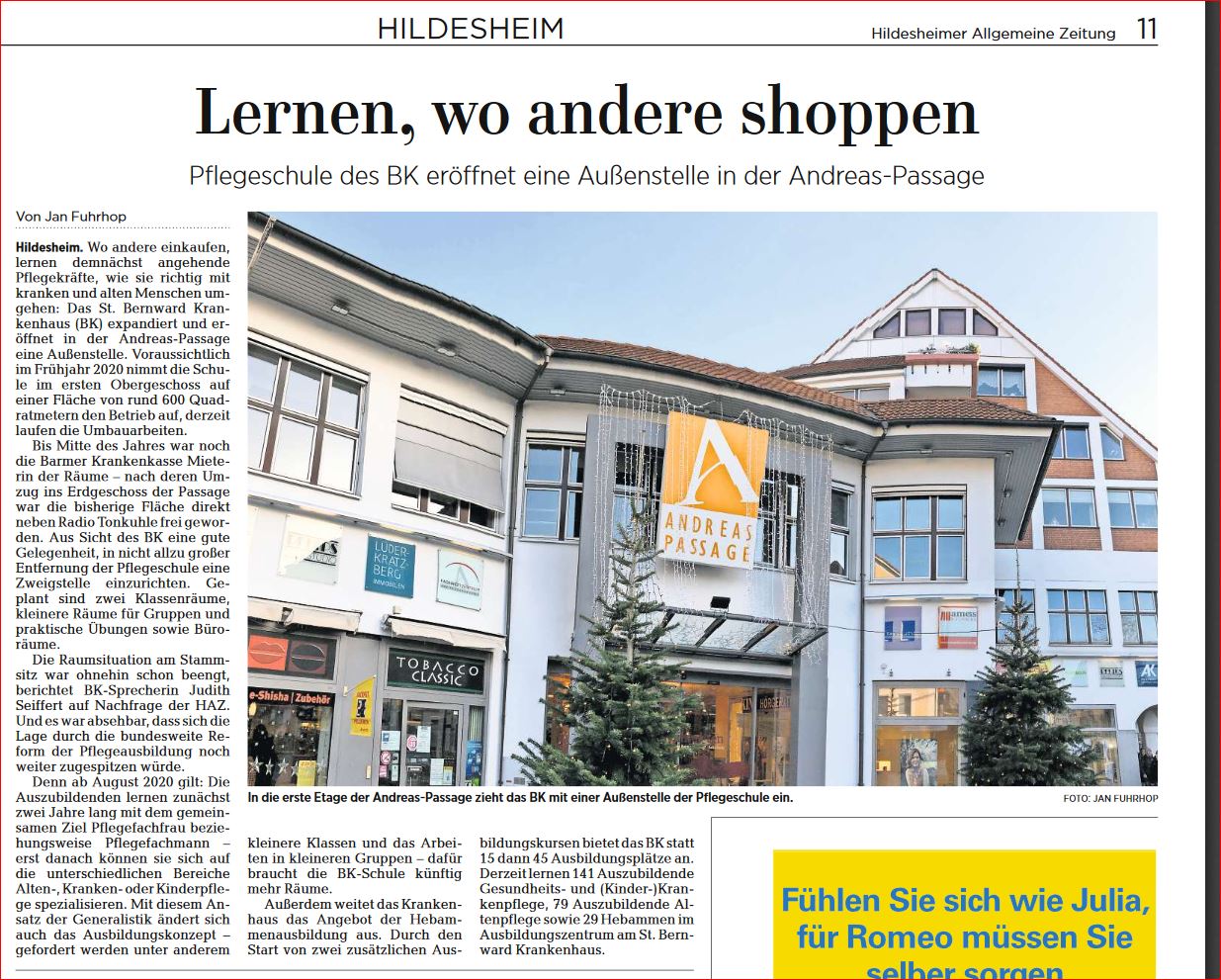 Pflegeschule des BK eröffnet eine Außenstelle in der Andreas-Passage